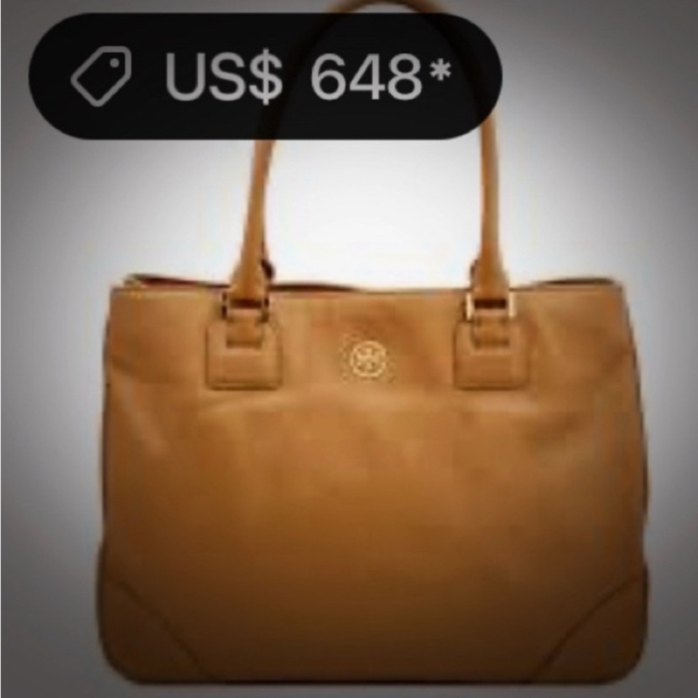 Tory Burch Tan Leather Tote with orange gold cherry keychain Charm - Picture 4 of 15